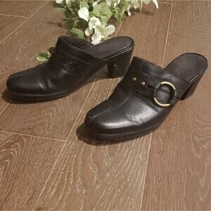Clarks Black Leather Mules with Gold Buckle